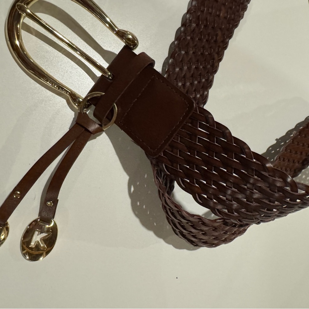 Michael Kors Dark Brown Braided Belt with Gold Accents